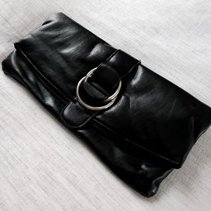 Silver Buckle Fold over Clutch - Black